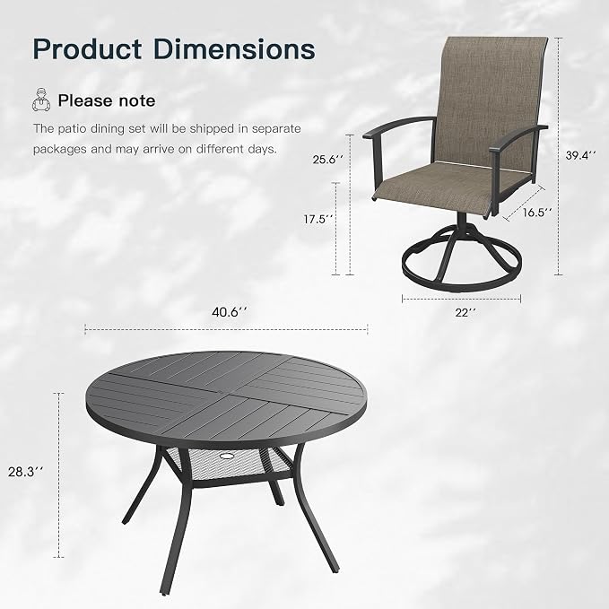 VICLLAX 5 Pieces Patio Outdoor Dining Set, 4 Swivel Textilene Chairs and 40.6" Round Metal Table with Umbrella Hole for Porch, Deck, Garden, Black/Brown