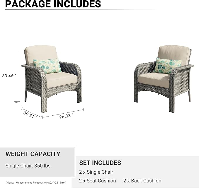 HOOOWOOO Patio Furniture Set,2 Pieces Outdoor Wicker Chairs Set,All Weather Deck Bistro Chairs with Comfy High Back,Beige
