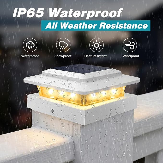 kolpop 4x4 Solar Post Cap Lights Outdoor 2Pack- 3 Color Temperatures&2 Level Brightness, IP65 Waterproof, 16 LED Fence Deck Post Light Solar Powered Only for 4×4/3.5×3.5 Wood/Vinyl Posts(White)
