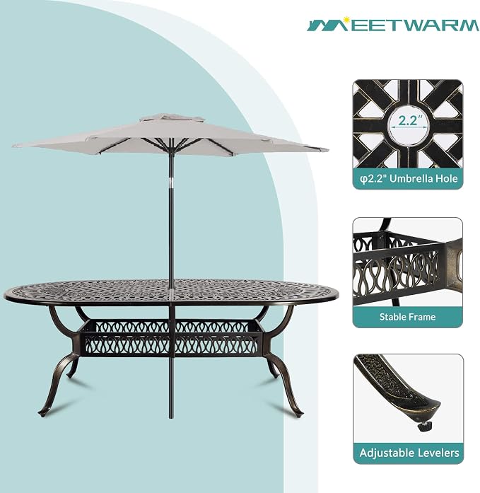 MEETWARM 84"x44" Cast Aluminum Patio Dining Table, Weather-Resistant Large Outdoor Dining Table for 8 Person, Patio Furniture Oval Table with Umbrella Hole and Adjustable Foot Pads, Dark Bronze