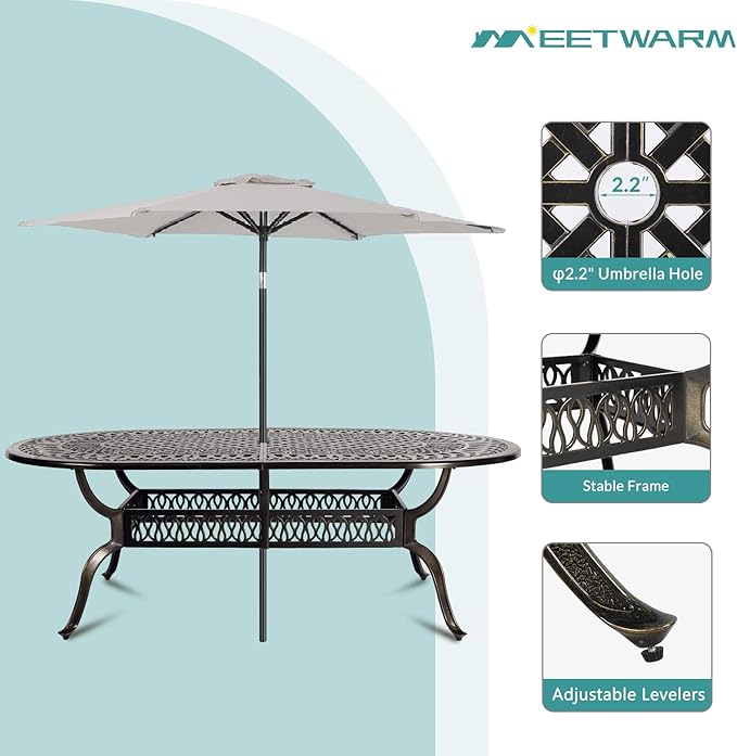 MEETWARM 9-Piece Outdoor Patio Dining Set, All-Weather Cast Aluminum Patio Conversation Set with 6 Stationary, 2 Swivel Rocker Chairs, 1 Oval Table, 8 Cushions, 2" Umbrella Hole