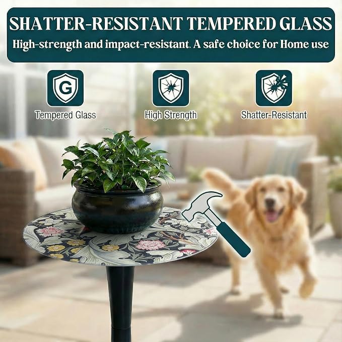 Gesodant 13.4" Outdoor Side Table, Round Patio Bistro Table with Boho Tempered Glass Top, Waterproof Rust-Proof Base, Small Plant Stand for Balcony, Garden, Deck, 21.6" H (William Morris)
