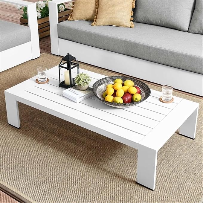 Pemberly Row Modern Outdoor Patio Coffee Table, Powder-Coated Aluminum, 51" W x 26.5" D x 12" H, Weather-Resistant, White Finish, Rectangular Low-Maintenance Design with Non-Marking Foot Glides