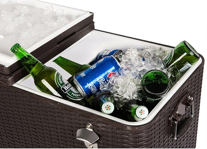 HIO 80 Qt Outdoor Patio Cooler Table On Wheels, with Shelf, Dark Brown Wicker