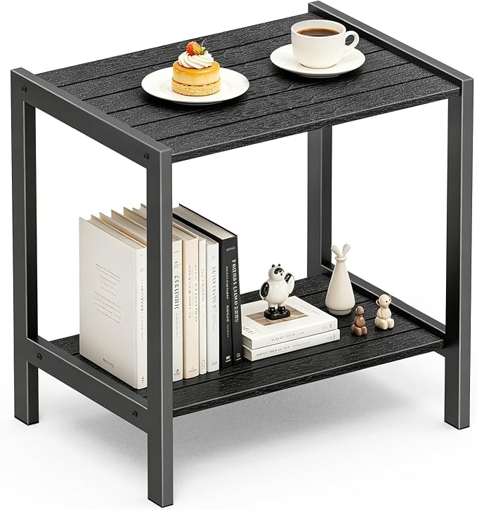 Outdoor Side Table 2 Tier Small Patio End Table with Metal Frame, Weather Resistant Square Porch Coffee Table for Patio, Deck, Garden, Backyard and Balcony, Indoor Outdoor Use, Black