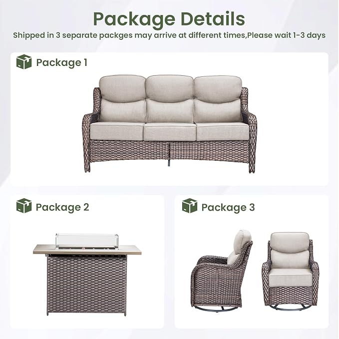 Luxury Patio Furniture Set with 6-inch Thick Cushion, Outdoor Furniture with Fire Pit Table, Swivel Chairs, Sofa, 4pcs Wicker Conversation Set for Deck Yard and Poolside(Brown Wicker/Beige Cushion)