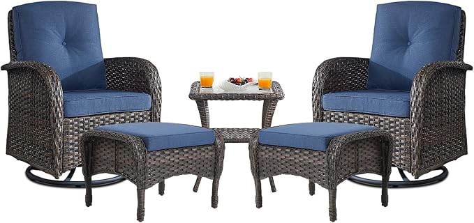 Belord Small Conversation Sets Patio Funiture - 5 Piece Outdoor Swivel Rocker Wicker Furniture Sets with Ottomans Side Table Perfect for Patio Deck Backyard, Brown Wicker Blue Cushion
