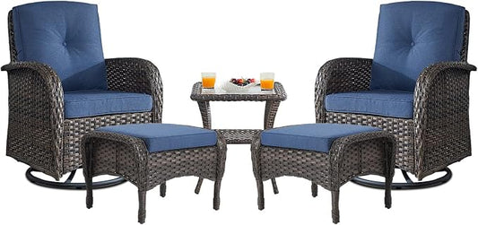 Belord Small Conversation Sets Patio Funiture - 5 Piece Outdoor Swivel Rocker Wicker Furniture Sets with Ottomans Side Table Perfect for Patio Deck Backyard, Brown Wicker Blue Cushion