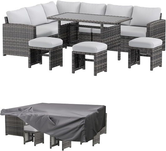 AECOJOY Outdoor Patio Furniture Set with Waterproof Cover, 7 Pieces Clearance Sectional Rattan Dining Table&Chairs, All Weather Wicker Conversation Sofa Couch, Light Grey Cushions&Grey Rattan