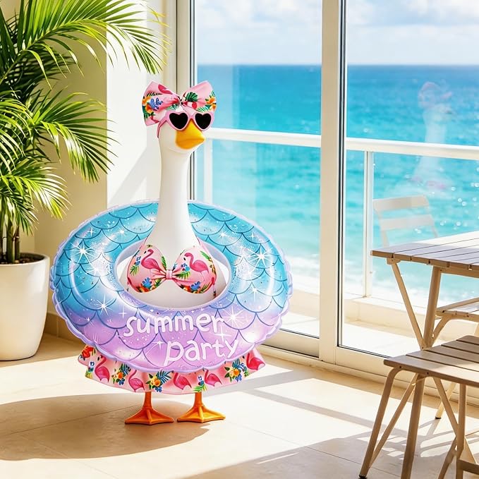 23 in Porch Goose Summer Outfit Bikini, Hawaiian Porch Goose Swimsuit Clothes Costume Accessories with Bow Glasses Swim Ring for 23" Summer Goose Garden Patio Statue Decor (Blue Flamingos)