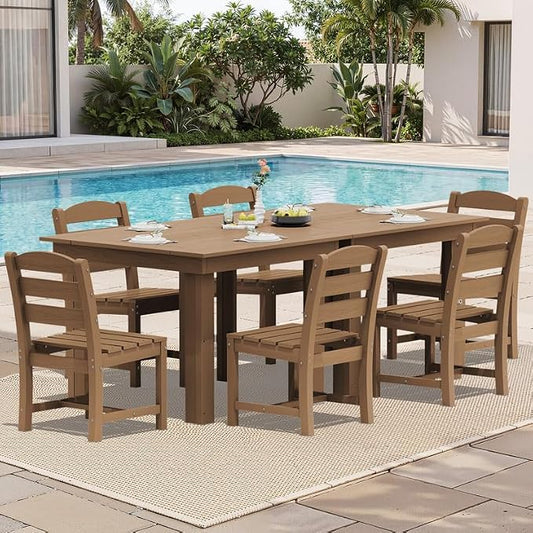 KINGYES 8-Piece HDPE Outdoor Dining Set for 6, Square Patio Table & Armless Chairs with Umbrella Hole, All-Weather Patio Dining Set for Backyard, Garden, Lawn & Poolside, Brown