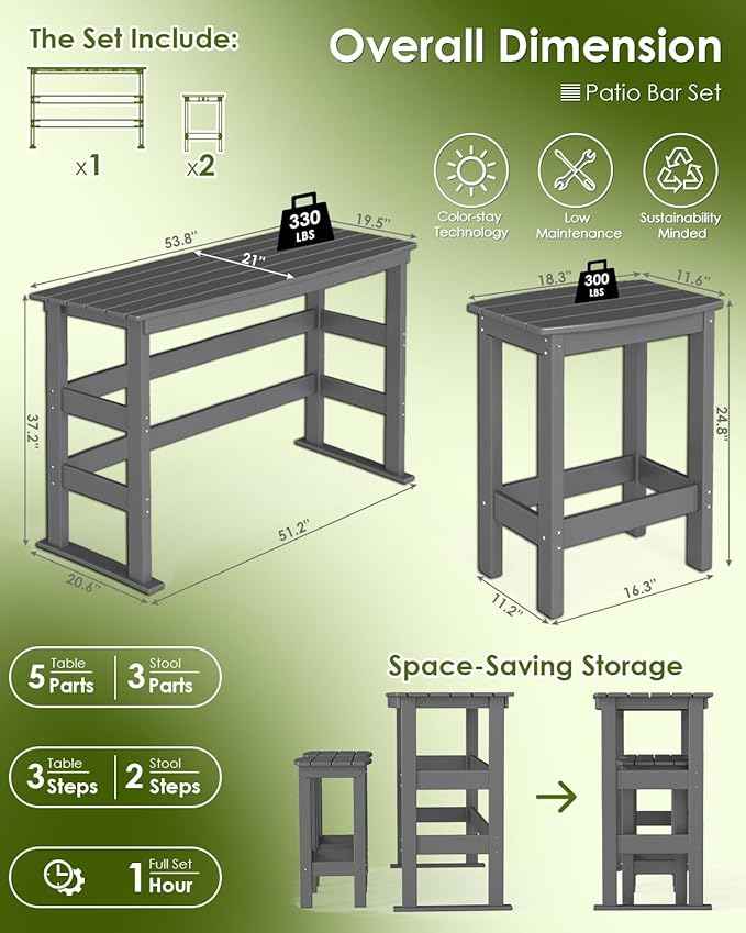 GREENVINES Outdoor Bar Set | HDPE Plastic | 3-Piece | 37″ Counter Height Patio Table & 2 Backless Stools | Rectangle | High Top | All Weather | for Backyard Balcony Poolside | Grey