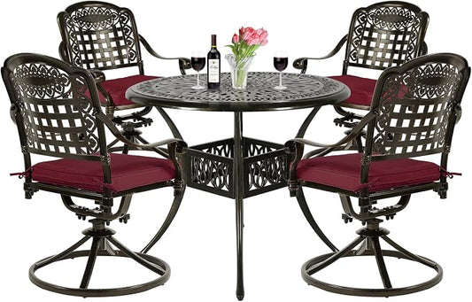 VIVIJASON 5-Piece Outdoor Patio Dining Set, All-Weather Cast Aluminum Conversation Set, Patio Furniture Set for Balcony, Include 4 Swivel Cushioned Chairs, 1 Round Table w/Umbrella Hole, Red Cushion