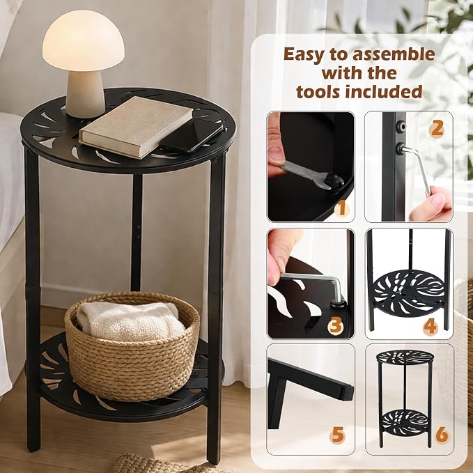 2-Tier Metal Round Side Table Black Accent Coffee Tables Small Space Corner Plant Stand Shelf for Indoor Outdoor Use Patio Balcony End Table Laser-Cut Monstera Leaf Weather-Resistant