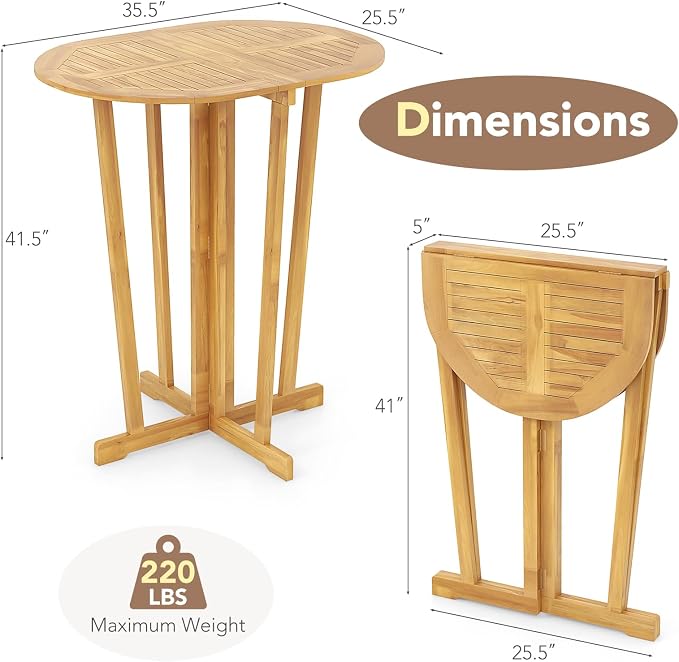 Tangkula Outdoor Teak Wood Bar Table Folding, Patio Bar Height Oval Table with Slatted Tabletop and Cross Base, Pub Height Table for Patio, Porch, Backyard, Poolside