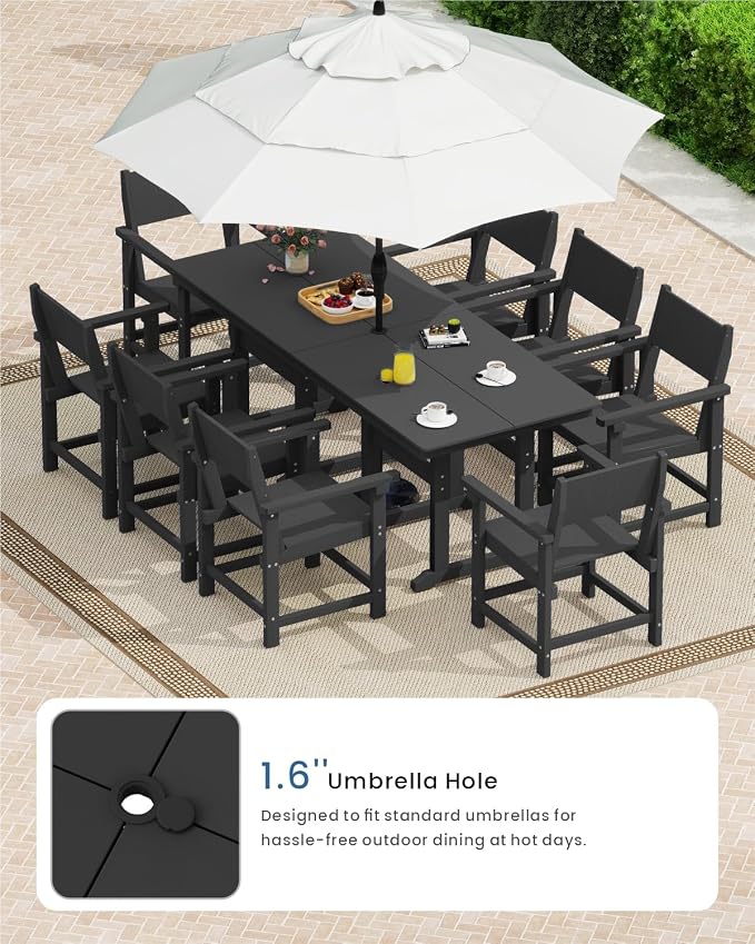 9-Piece Outdoor Dining Set, HDPE Weatherproof Patio Table and Chairs Set for 8, Outdoor Patio Furniture Sets with Umbrella Hole for Outside, Deck, Backyard, Garden (Black)