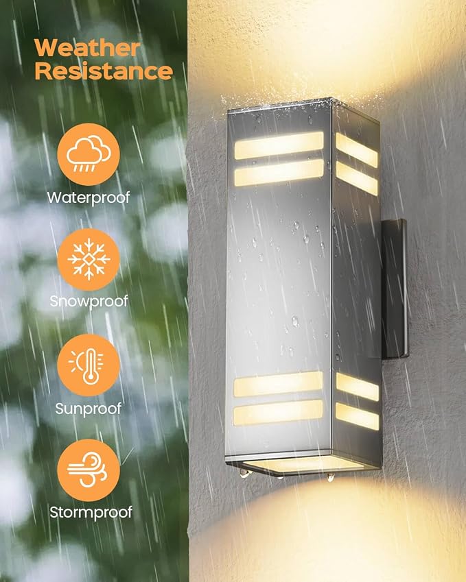 SHIMR Dusk to Dawn Outdoor Lighting, Stainless Steel Modern Sconce, 2 Pack | Brushed Nickel Finish, Up and Down, E26 Base, Bulbs Include, Exterior Light Fixture for Porch Garage Patio