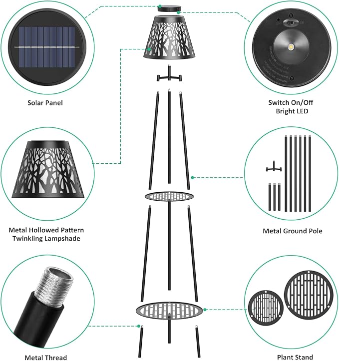 2 Pack Solar Floor Lamps Outdoor with 2-Tier Plant Stand, Metal Tall Planter Holder with Waterproof LED Lantern, Decorative Patio Light & Flower Pot Display Rack for Garden, Deck, Porch, Balcony