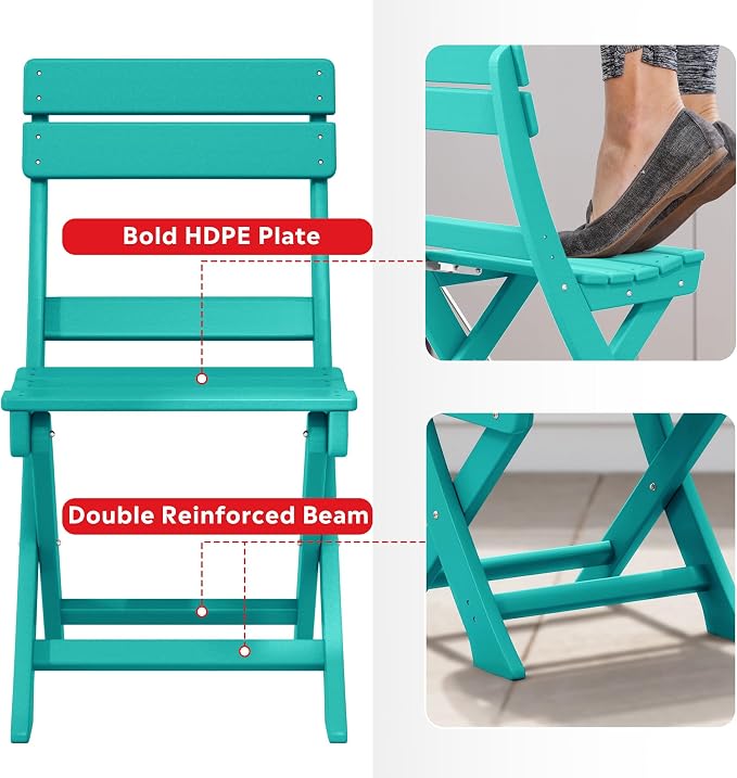 Costaelm Outdoor Bistro Table and Chairs Set of 2, Round Portable Folding Bar Height Barstool Set of 3, Tall Balcony Pub High Top Table 3 piece Patio Set for Deck, Backyard, Garden, Turquoise