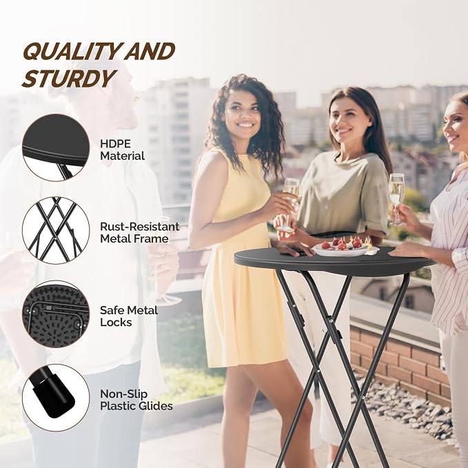 Bonnlo 24" Cocktail Table High Top Table, Folding Round Table Bar Height, HDPE Matrial with Gray Metal Finish for Outdoor Party, Backyard, Dining Room, Wedding Event,Black- 2PCS