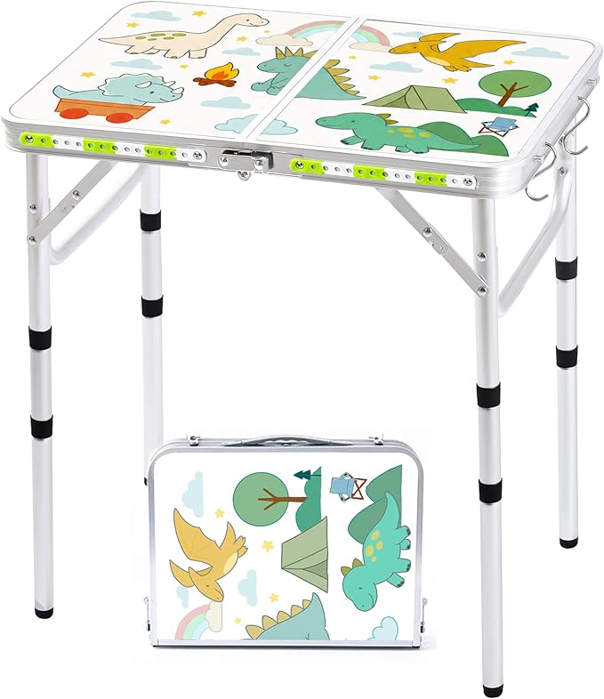 Yriuat Folding Camping Table 2ft Portable Picnic Table Adjustable Height Small Card Table Aluminum Foldable Lightweight with Carry Handle for Outdoor Indoor Hiking Camp BBQ Beach (Jurassic Camp)