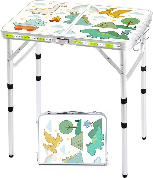Yriuat Folding Camping Table 2ft Portable Picnic Table Adjustable Height Small Card Table Aluminum Foldable Lightweight with Carry Handle for Outdoor Indoor Hiking Camp BBQ Beach (Jurassic Camp)