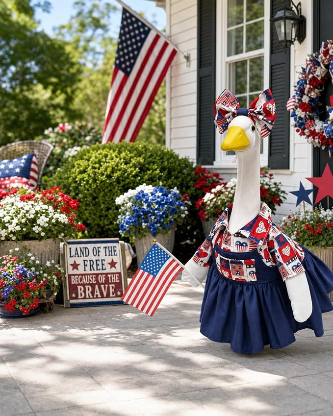 4th of July Porch Goose Outfit with Flag & Bow, 23" Patriotic Lawn Cement Goose Clothes for Independence Memorial Day, US 250th Anniversary Decoration, Best Gift for Mom Grandma