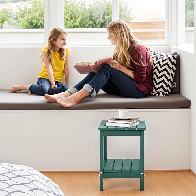 IVY&LANE Adirondack Outdoor Side Table | HDPE Plastic | Patio End Tables with Storage | 2-Shelf | Weather Resistant | Forest Green | 14 x 13 Inches | for Outside Porch Deck Backyard Indoor