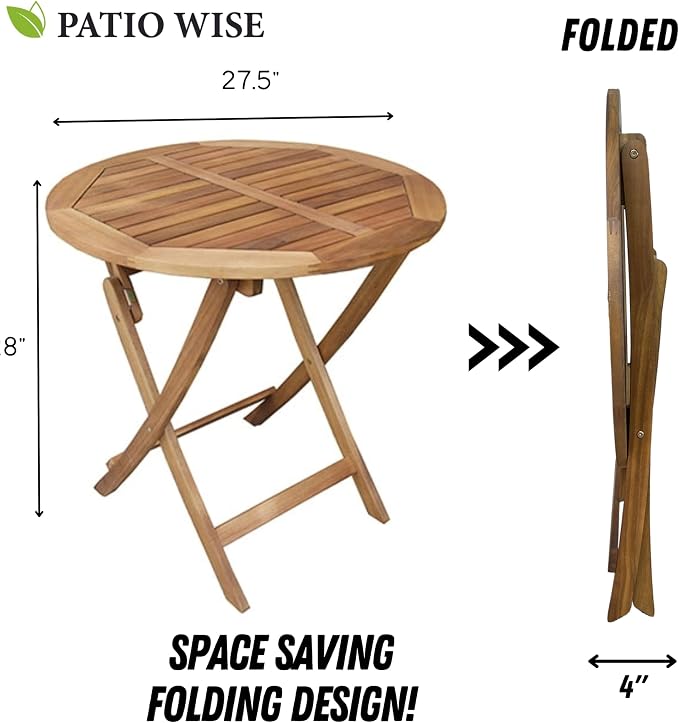 Patio Wise Folding Outdoor Patio Table, Round Foldable Acacia Wood Deck Bistro Bar, Portable Apartment, Balcony, Railing & Porch Furniture, 27 1/2-inch Diameter, Teak Color