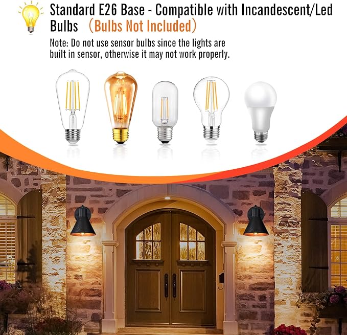 2 Pack Dusk to Dawn Outdoor Wall Sconces, Exterior Farmhouse Barn Light, Vintage Black Outside Wall Lighting Fixture with Hammered Shade, Anti-Rust Waterproof Outdoor Light for House Porch Garage