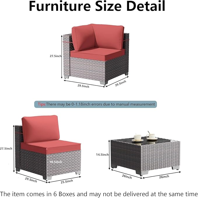 Outdoor Patio Furniture Set 14 Pieces with PE Wicker Sectional Sofa, Modular Conversation Seating, Coffee Table, Seat Clips, All Weather Outdoor Patio Sectional Set for Backyard, Deck, Garden(Red)