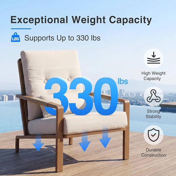 Aluminum Outdoor Patio Furniture-Armchair with Table,Beige | Rustproof,High Weight Capacity,Water-Repellent,Washable Cover,All-Weather Resistant,Easy Clean,for Poolside Backyard Deck