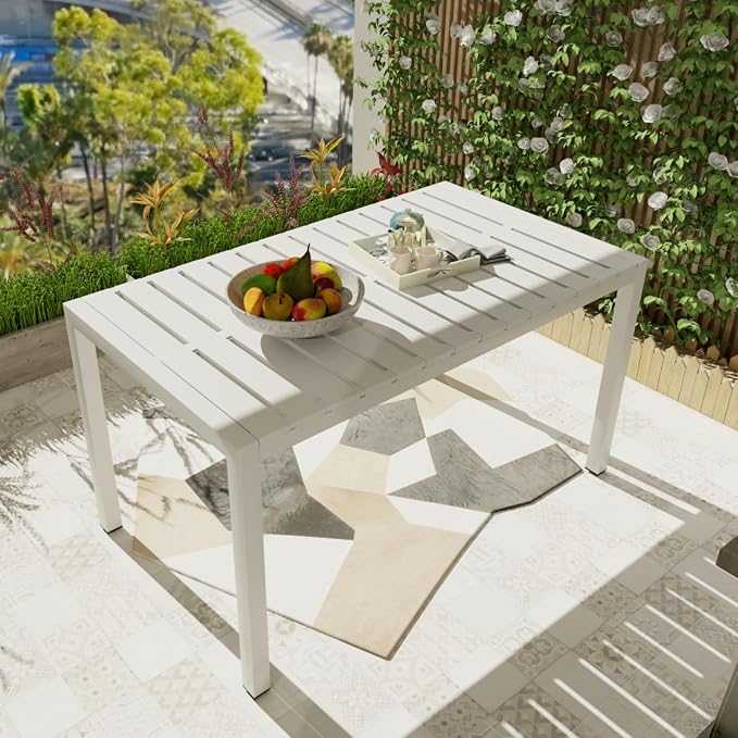 55 Inch White Modern Long Table, Indoor Outdoor Multi-Purpose Dining Table, Lightweight PP Tabletop with Metal Legs for Kitchen, Courtyard, Terrace Gatherings, Patio, Garden