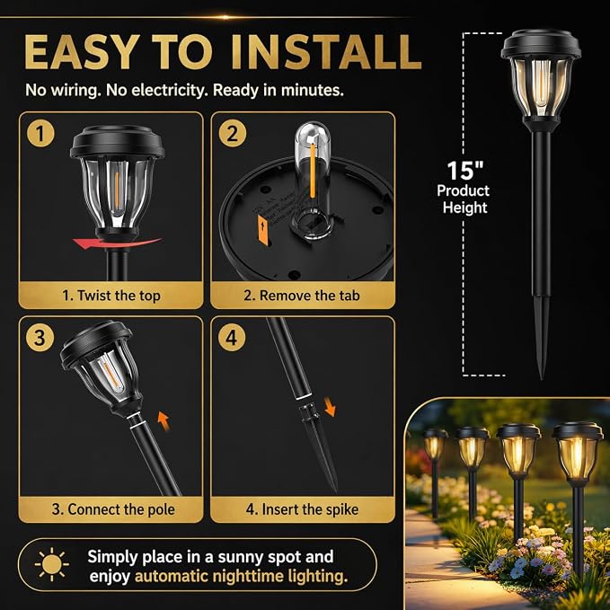 DERAYSION 12 Pack Solar Lights Outdoor, Solar Pathway Lights Auto On/Off Waterproof Garden Landscape Lighting for Path, Yard, Walkway, Driveway Decor