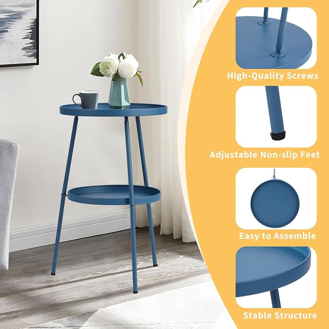 Outvita Outdoor Round Side Table, Small Metal End Table Black Coffee Table for Patio Lawn Garden Living Room Bedroom Sturdy (Double Layer, Navy Blue)