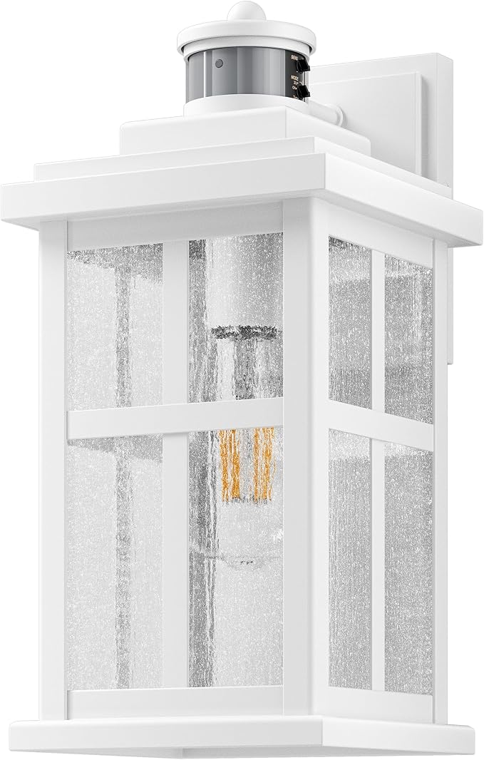 VIANIS Large White Outdoor Lights for House, Modern Motion Sensor Exterior Light Fixtures Wall Mount for Porch, 100% Aluminum Waterproof Outdoor Wall Sconce Lantern for Garage with Textured Seed Glass