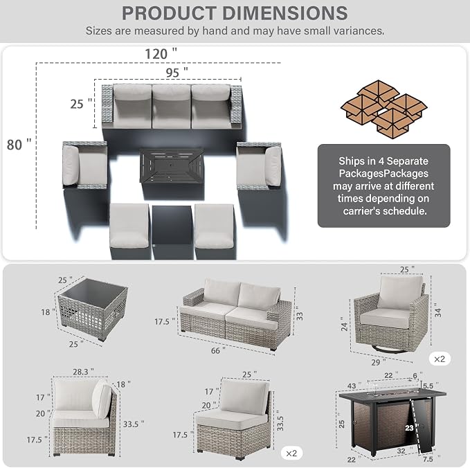 9 Piece Patio Furniture Set with 43-Inch Propane Fire Pit Table, Outdoor Sectional Sofa Set, 5 Seater Modular Wicker Seating with 50000 BTU Fire Table for Deck Backyard Casual Gathering