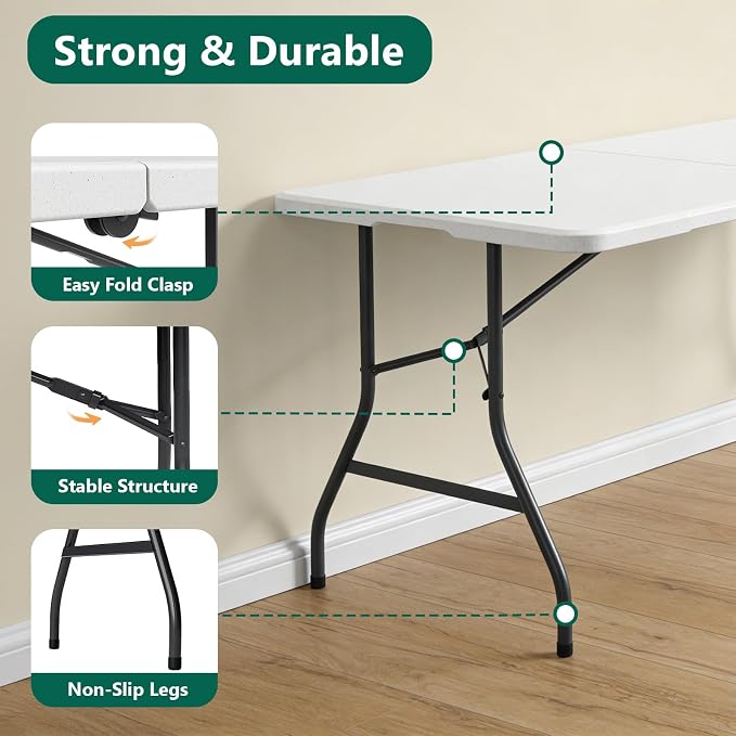 Folding Table, 5ft Portable Foldable Table Picnic Table with Carry Handle Plastic Table, White