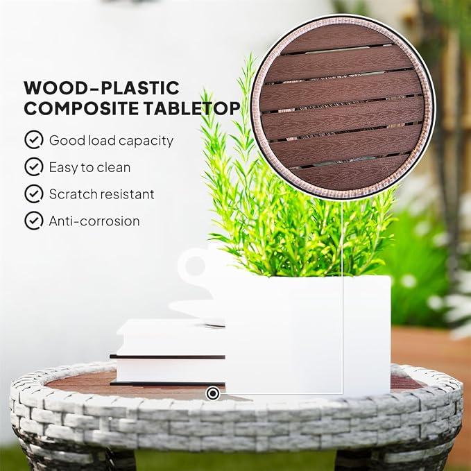 Outdoor Wicker Side Table Hourglass Shape Rattan Patio Table with Storage Shelf, All-Weather for Outside Patio, Porch, Garden, Grey