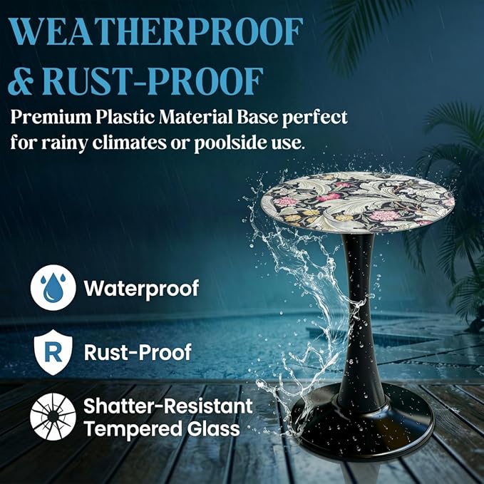 Gesodant 13.4" Outdoor Side Table, Round Patio Bistro Table with Boho Tempered Glass Top, Waterproof Rust-Proof Base, Small Plant Stand for Balcony, Garden, Deck, 21.6" H (William Morris)