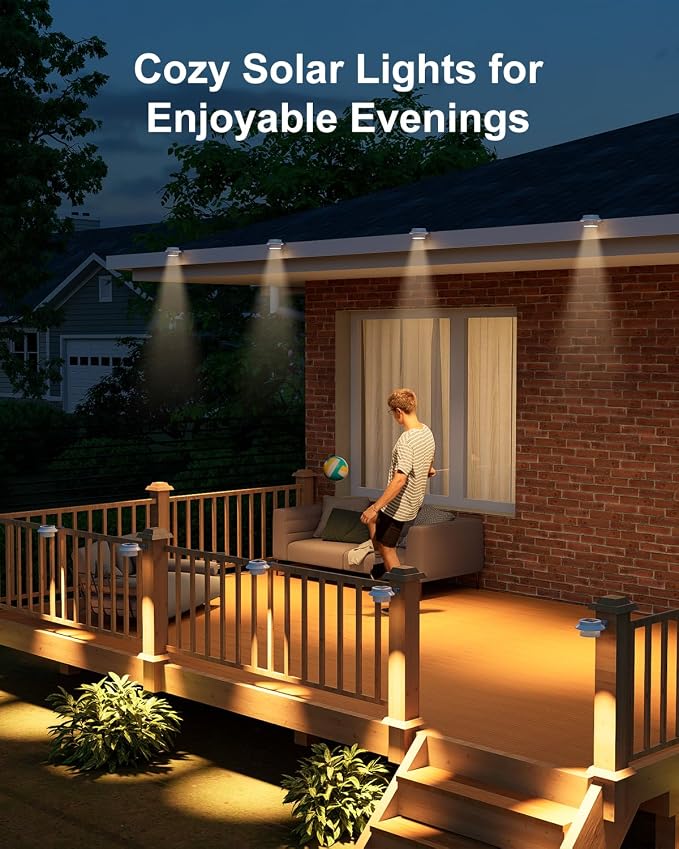 4 Pack White Bright Solar Powered Gutter Mounted Lights Outdoor Waterproof Led Fence Lamp for Lighting Rainspout, Railing, Outside House, Wall, Deck, Porch, Garage, Holeless Installation(Warm White)