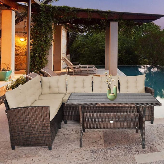 HAPPYGRILL 3 Pieces Wicker Patio Conversation Set, Outdoor Rattan Sofa Set with Cushions, Patio Furniture Set with Coffee Table for Patio Garden Lawn Poolside and Backyard