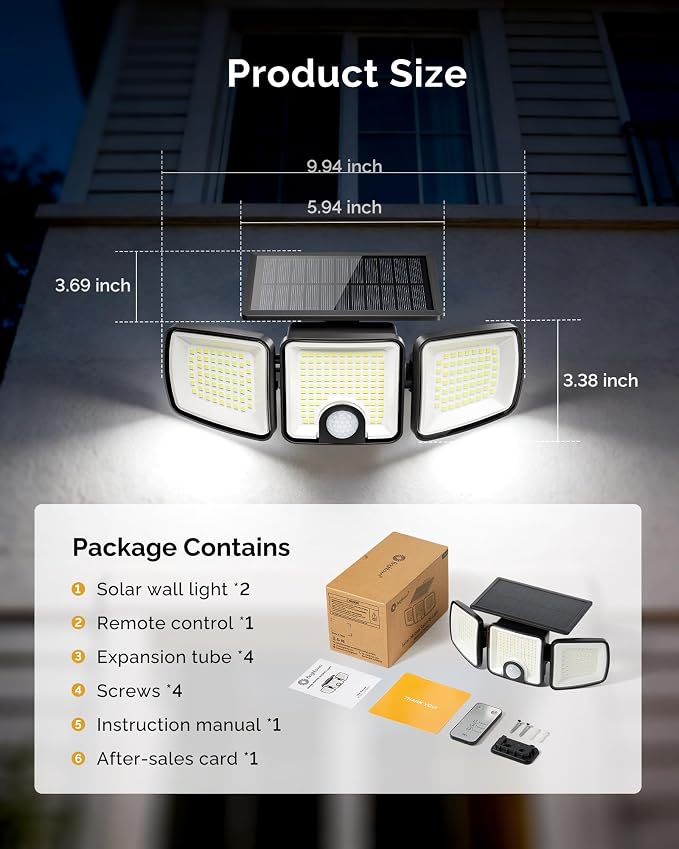 Brightown 2 Pack Solar Flood Outdoor Lights with Motion Sensor 3 Modes | 2500LM 223 LED Solar Outdoor Lights, 3 Head 270° Wide Angle Street Area IP65 Waterproof Security Wall Lights with Remote