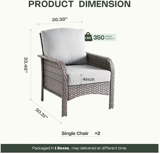 Patio Furniture Set, Outdoor Wicker Chairs of 2, Modern Rattan Outdoor Chairs Conversation Set, All Weather High Back Patio Sofa with Comfy Cushions for Porch, Balcony, Garden, Grey