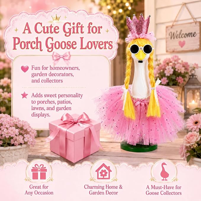 Porch Goose Fairy Outfit 4 Pieces Summer Porch Goose Outfit with Braided Yellow Wig Pink Tutu Skirt Fairy-Tale Princess Style Decor for Lawn Goose Statues