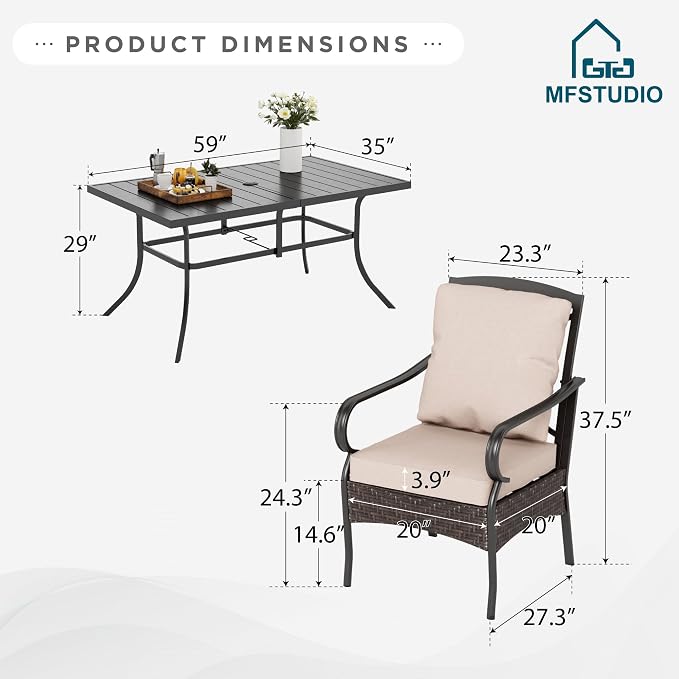 MFSTUDIO Outdoor Patio Dining Set for 6, Outdoor Table and Chairs for 6, Patio Rectangular Metal Table with Chairs, 7 Pieces Outdoor Dining Furniture Set, 1.57-1.9'' Umbrella Hole