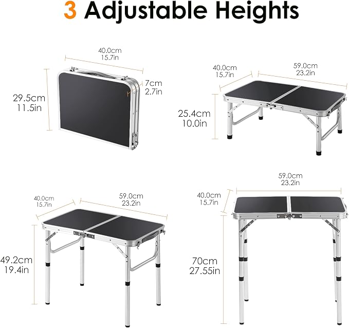 Folding Picnic Table 2ft Portable Camping Table Adjustable Heights Metal Aluminum Lightweight Foldable Small Outdoor Card Table with Carry Handle for Outside Indoor Camp Cooking BBQ Beach(Black)