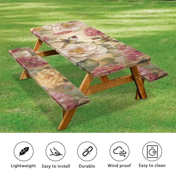 Hummingbird Picnic Table Cover with Bench Covers, Washable Outdoor Camping Essentials Fitted Picnic Table Cover with Bench Covers Suitable for Summer Outdoor Camping