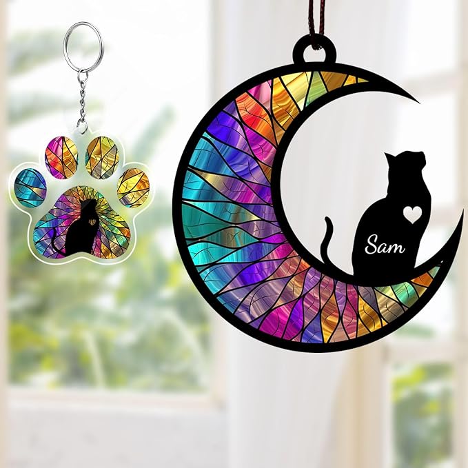 Custom Cat Memorial Suncatcher, Personalized with Name and Breed, Loss of Pet Sympathy Gift for Cat Lovers, Stained Glass Look Acrylic Ornament