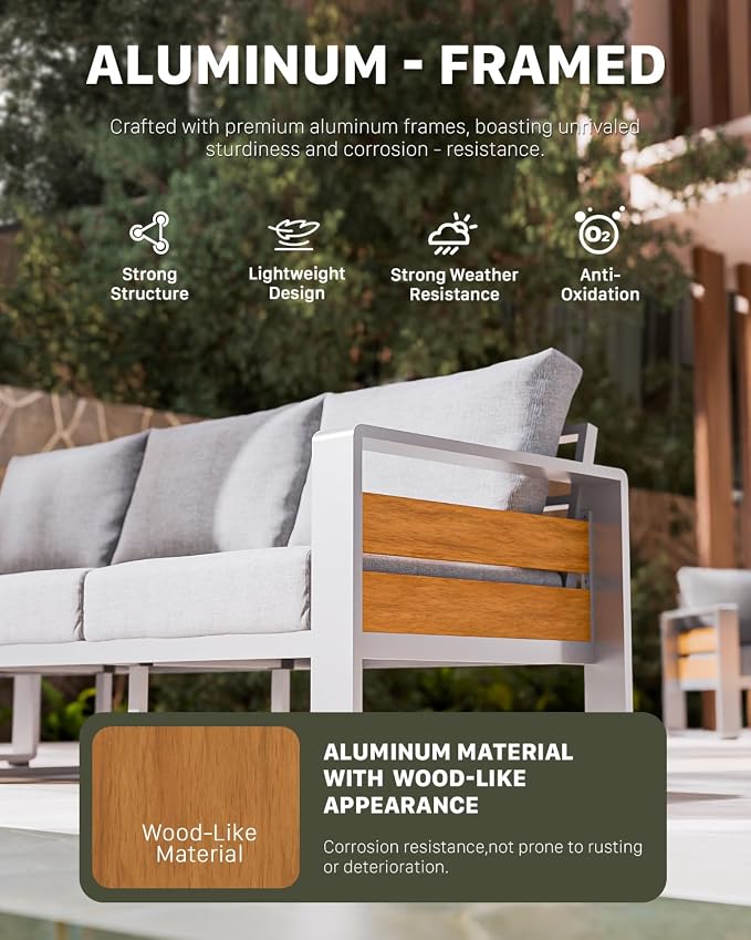 ZANDOR Aluminum Outdoor Patio Furniture Set with Coffee Table, 2 Seats Patio Conversation Sets with Washable Thick Cushions, Outdoor Sectional for Porch, Backyard, Deck, Garden & Poolside, Silver